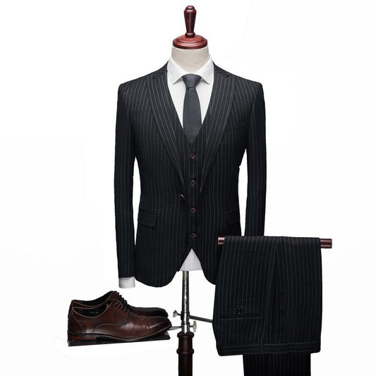 Image of Men Vertical Stripe Slim Fit One-button Design Blazer Suits (3 Pcs)