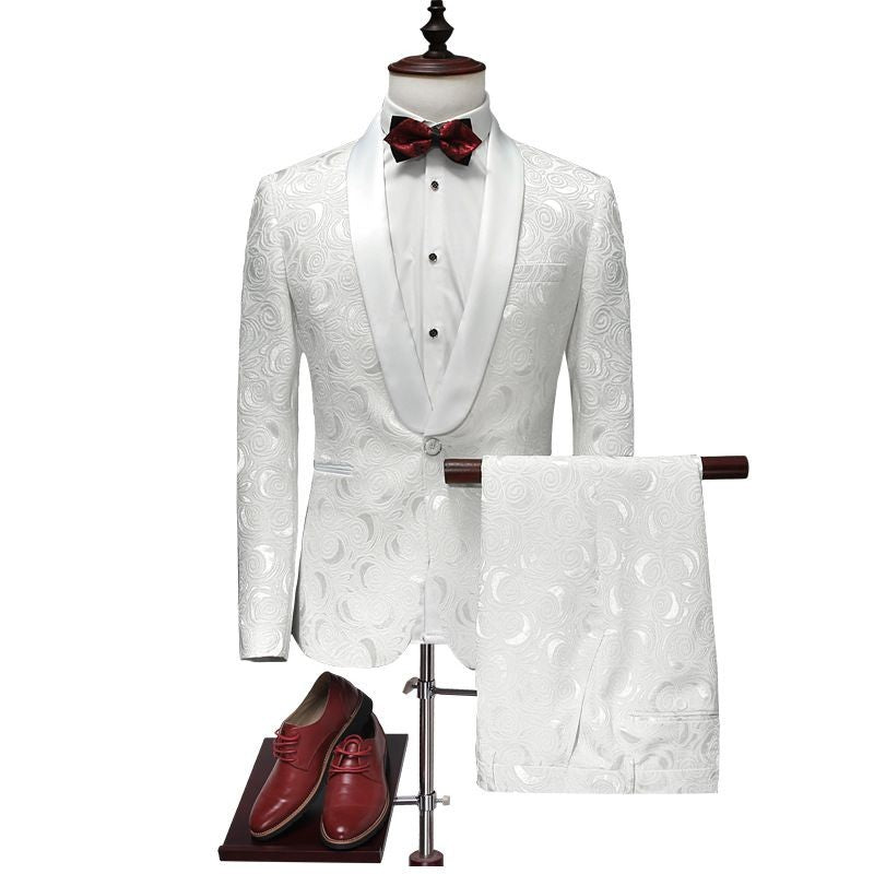 Image of Men Floral Design Shawl Collar Wedding White Formal Suits (2 Pcs)