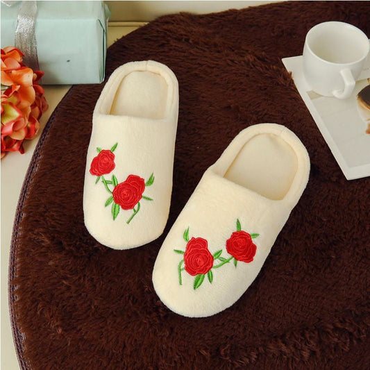 Image of Rose Embroidery Indoor Antiskid Cotton Slippers for Women