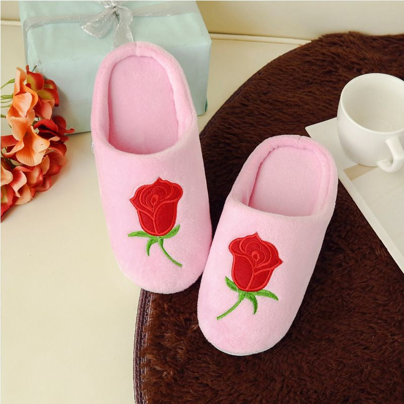 Image of Rose Embroidery Indoor Antiskid Cotton Slippers for Women