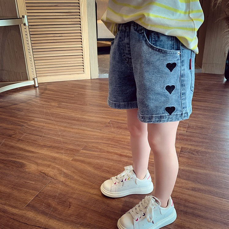 Image of Kids Girls Basic Heart Pattern Elastic Waist Denim Shorts