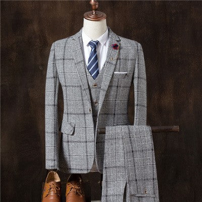 Image of Men Classic Plaid Formal Three-Piece Wedding Suit