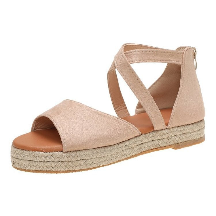 Image of Peep Toe Suede Flat Cross Strap Sandals Large Size