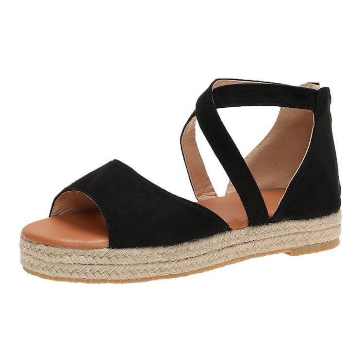 Image of Peep Toe Suede Flat Cross Strap Sandals Large Size