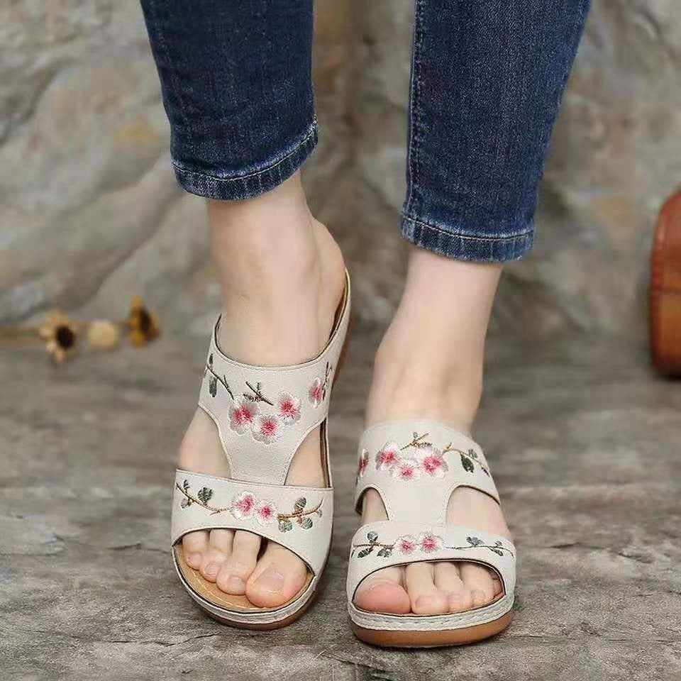 Image of Hollow Floral Embroidered Wedge Slippers Large Size