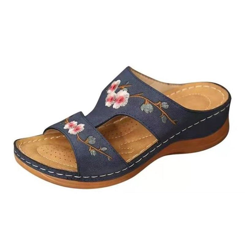 Image of Hollow Floral Embroidered Wedge Slippers Large Size