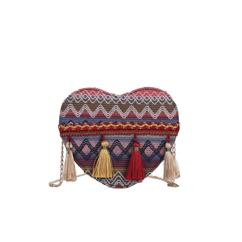 Image of Heart Tassel Ethnic Chain Woven Messenger Bag