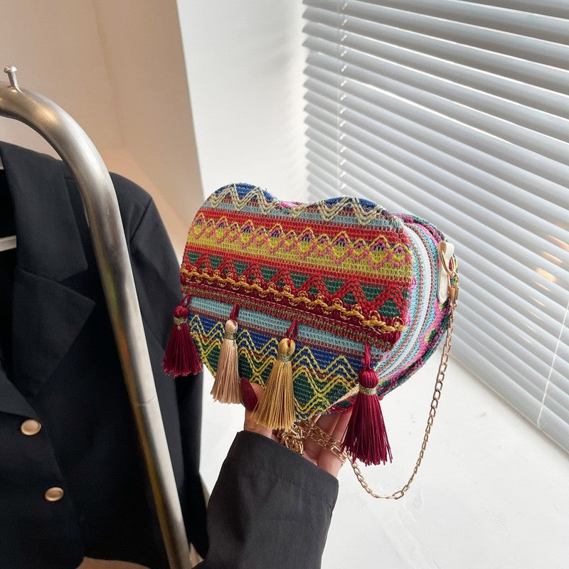 Image of Heart Tassel Ethnic Chain Woven Messenger Bag