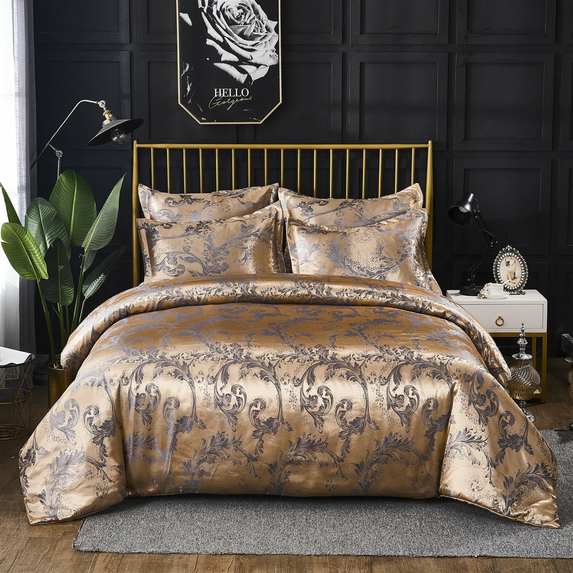 Image of Luxury Silk Like Comforter Sets Queen Satin Jacquard Paisley Brushed Heart Quilted Bedding Sets with Pillowcases