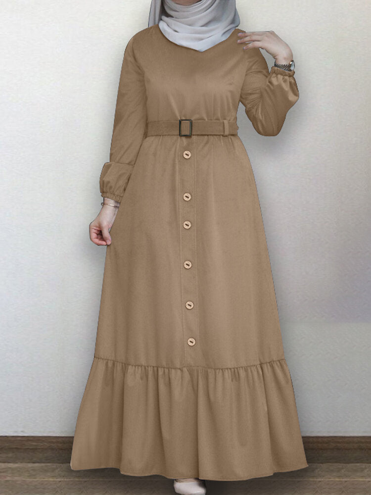 Image of Solid Pleated Waistband Muslim Dress