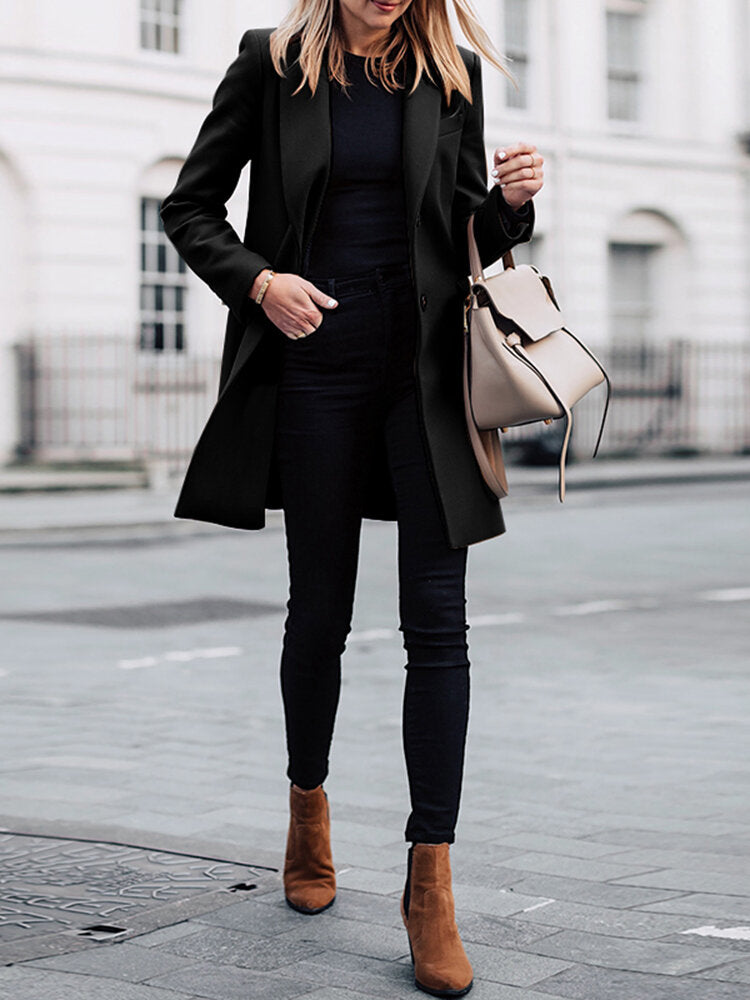 Image of Solid Long Sleeve Buttton Midi Coat