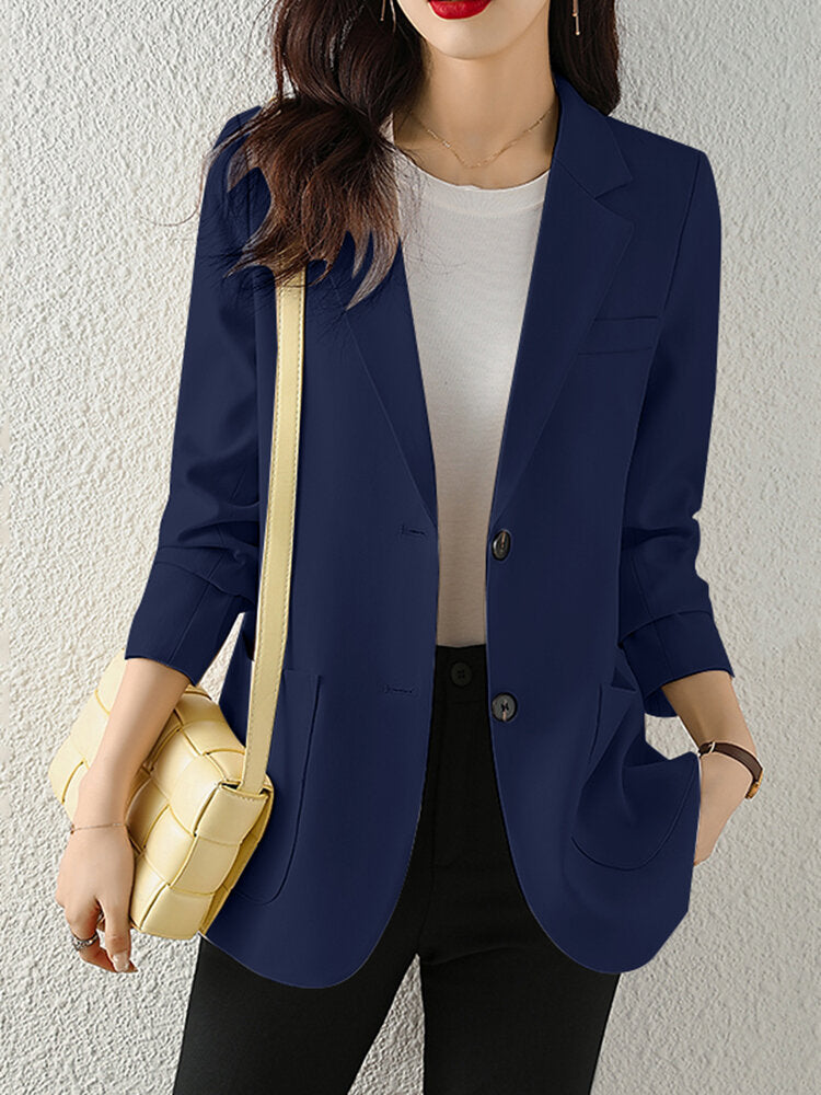 Image of Solid Button Front Pocket Blazer