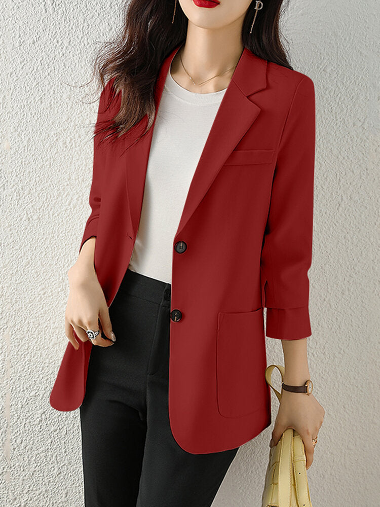 Image of Solid Button Front Pocket Blazer