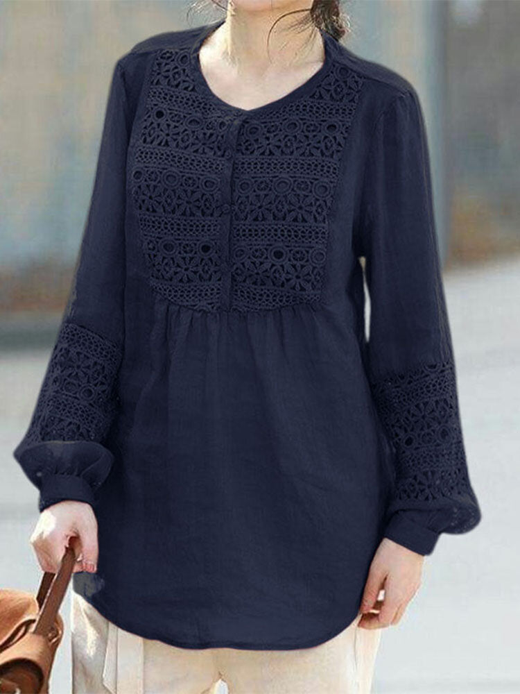 Image of Lace Patchwork Solid Blouse