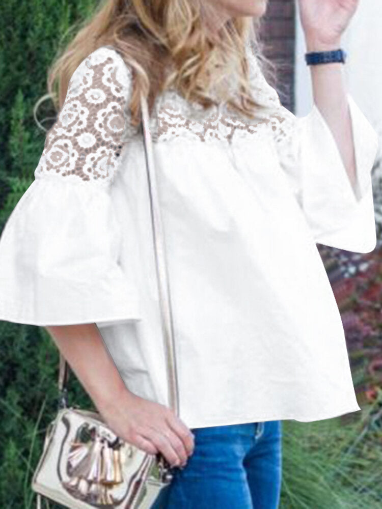 Image of Lace Stitch Bell Sleeve Blouse
