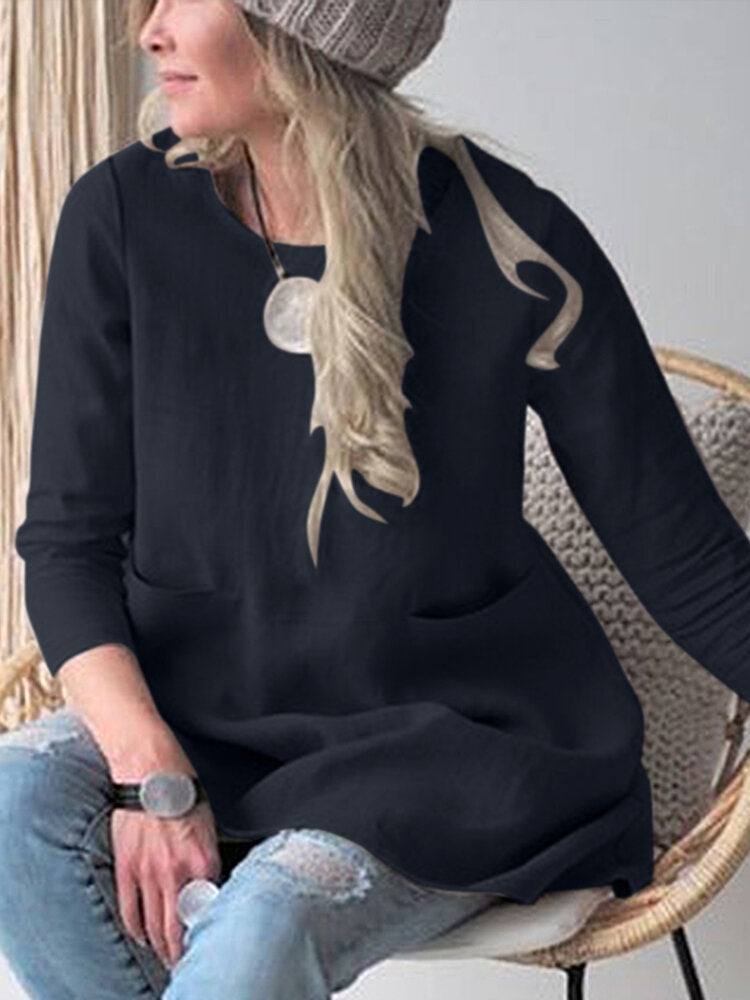 Image of Solid 3/4 Sleeve Pocket Blouse