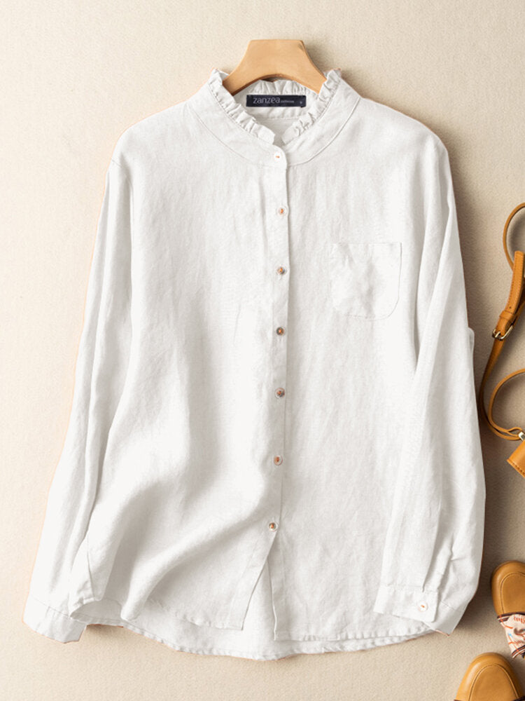 Image of Solid Ruffle Trim Button Blouse